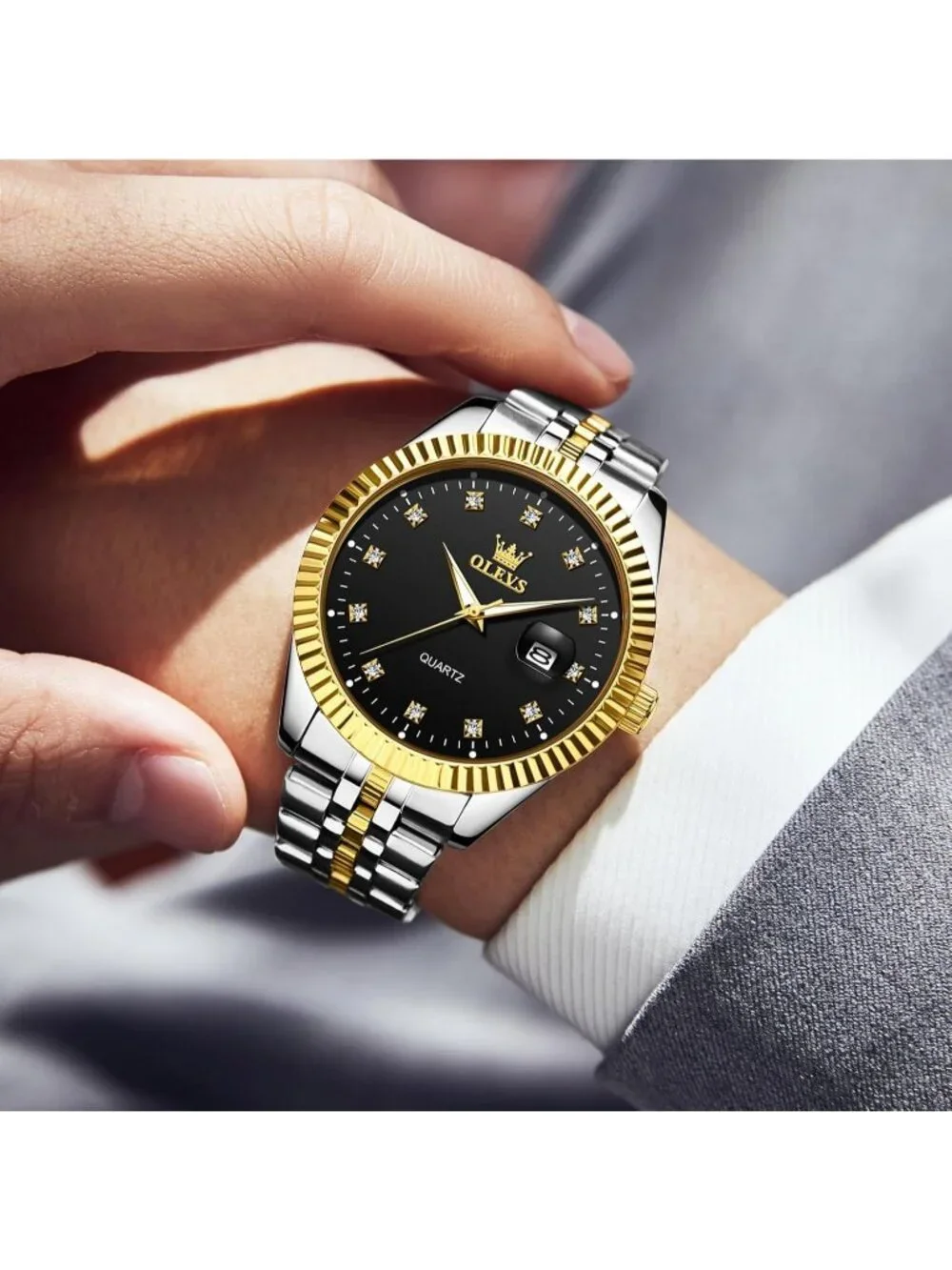 Olevs Mens Silver Gold Luxury Black Dimond Dot Face Analog Quartz Luminous Watch